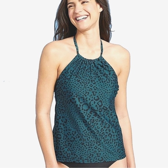 KONA SOL Teal Leopard Print Halter Swimsuit Tankini Underwire‎ Bra Swim Top M - Picture 1 of 9
